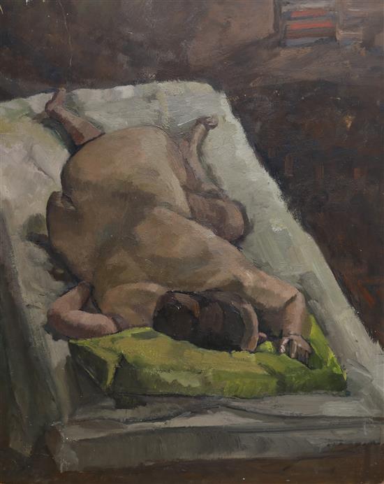 Modern British, oil on board, Sleeping female nude, 76 x 61cm, unframed